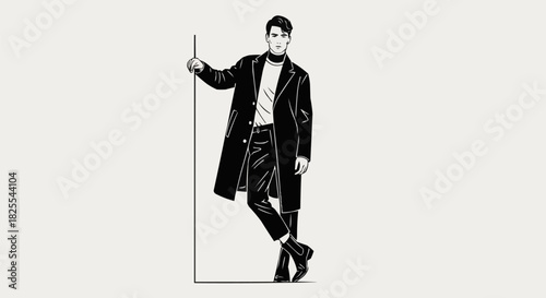 Stylish Man in Long Coat Leaning on a Vertical Bar.