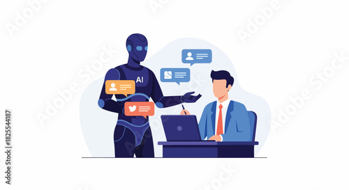 Artificial Intelligence Robot Assisting Businessman with Laptop and Social Media Notifications