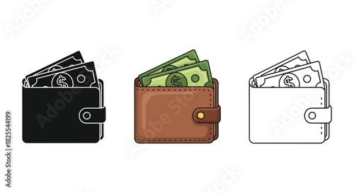 Set of three wallet icons with cash in black silhouette, color, and outline style