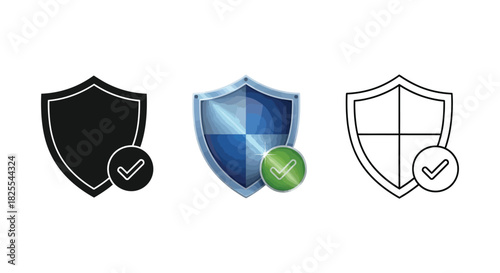 Set of three shield icons with checkmark for verified security