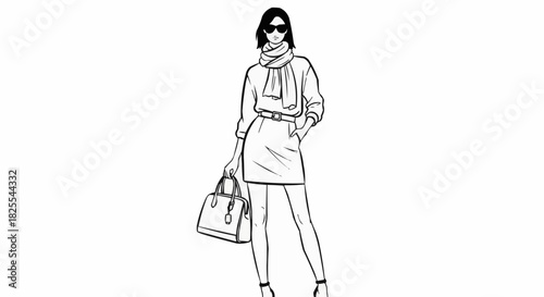Fashionable Woman Standing Confidently with Handbag and Scarf.
