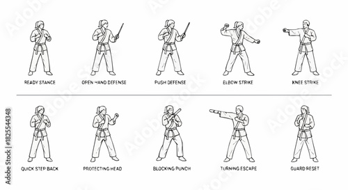 Martial Arts Training Poses and Self-Defense Techniques.
