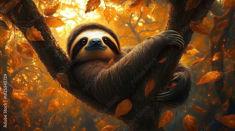 Obraz premium adorable sloth cuddling a tree branch in a golden autumn forest with falling leaves and warm glowing light, peaceful and content expression