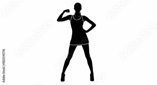 Strong woman silhouette flexing arm showing power and confidence in black dress.