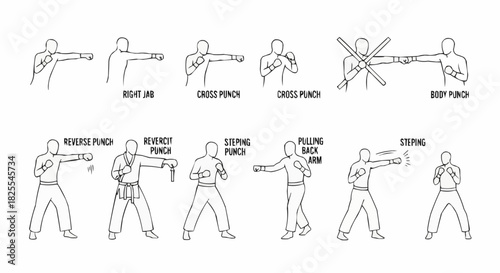 Set of Hand Drawn Martial Arts Punching and Blocking Techniques.