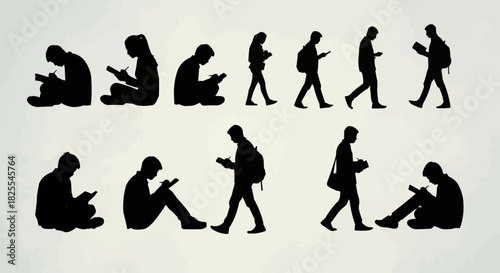 A collection of black silhouettes showing people using their smartphones.