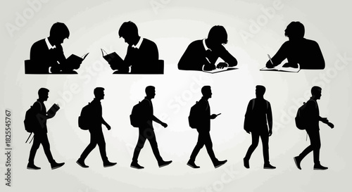 Silhouettes of students engaged in various academic activities and walking with backpacks.