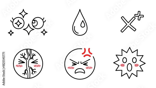 Allergy symptoms icons, irritation, dryness, redness, swelling, and pain, health, medical, skin problems, vector line art for healthcare professionals