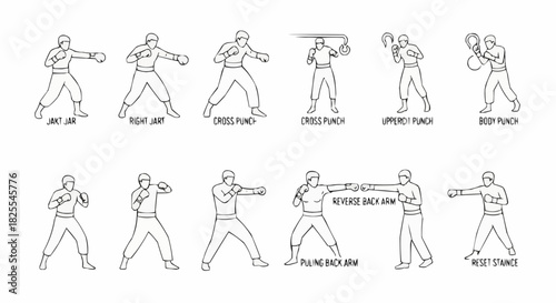 Collection of Boxing Stances and Punches in Line Art.