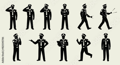 Set of police officer silhouettes in various poses and actions.