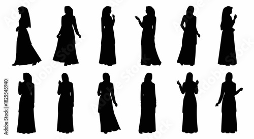 Collection of Diverse Female Silhouettes in Traditional Indian Sarees Poses.