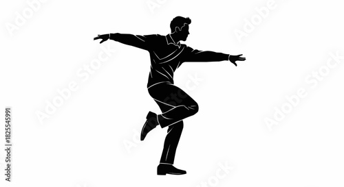 Dynamic Silhouette of a Man Dancing with Arms Outstretched and One Leg Raised.