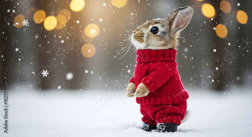 Small brown rabbit wearing a red knitted sweater and boots standing upright in a snowy forest with falling snowflakes and warm holiday lights for winter greeting cards