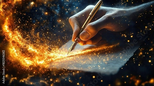 hand holding a gold fountain pen writing a glowing trail of golden sparks and light on paper, evoking wonder and creative inspiration