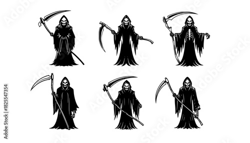 Grim reaper with scythe in black and white design
