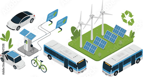 Isometric clean energy illustration with solar panels, wind turbines, electric vehicles, charging station, eco transport, renewable power generation, sustainability concept design