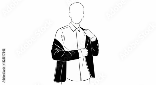 Man adjusting black jacket over white shirt, professional attire, formal wear.