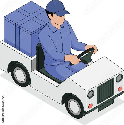 Isometric delivery driver driving small cargo vehicle with boxes, transportation service illustration, shipping worker driving cart, logistic distribution concept