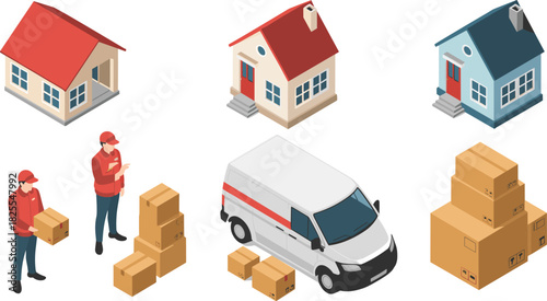 Isometric delivery service illustration with courier workers, package boxes, shipping van and residential houses representing home parcel distribution and logistics concept