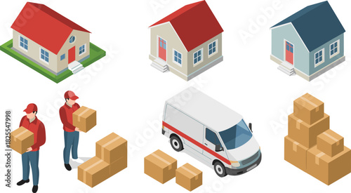 Isometric delivery service illustration with courier workers, package boxes, shipping van and residential houses representing home parcel distribution and logistics concept