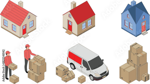 Isometric delivery service illustration with courier workers, package boxes, shipping van and residential houses representing home parcel distribution and logistics concept