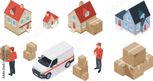 Isometric delivery service illustration with courier workers, package boxes, shipping van and residential houses representing home parcel distribution and logistics concept