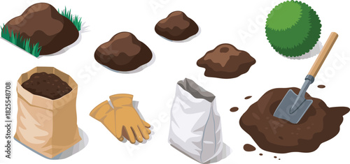 Isometric gardening soil tools illustration, garden equipment set with shovel, gloves, soil bags, dirt mounds, planting elements, landscaping vector design