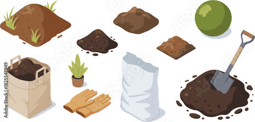 Isometric gardening soil tools illustration, garden equipment set with shovel, gloves, soil bags, dirt mounds, planting elements, landscaping vector design