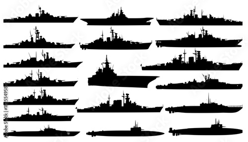 Warship navy silhouettes set, large pack of vector silhouette design, isolated white background.	