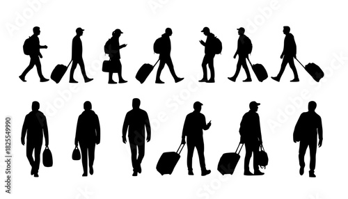 silhouettes of people walking , Silhouettes of people walking with luggage and bags travel on transparent background , no background	