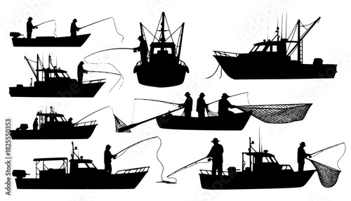 silhouette of a fisherman fishing on a boat vector art illustration isolated on transparent background.

