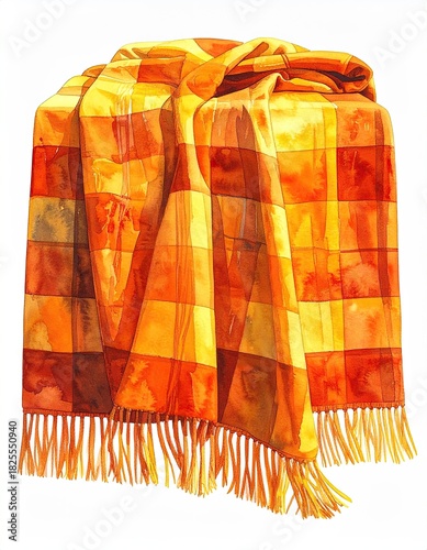 A vibrant orange and yellow plaid blanket draped over a cube