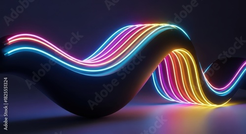 Waving ribbon of vibrant neon lights illuminates a dark, undulating shape