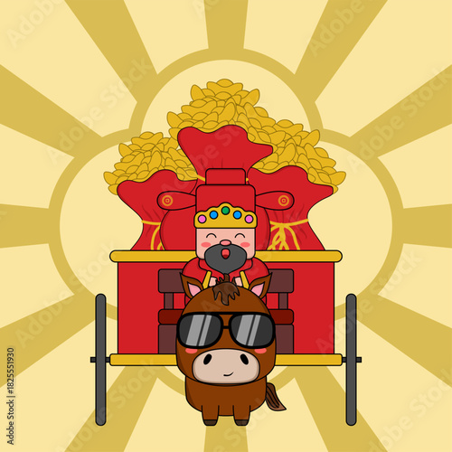 a cartoon representation of Chinese God of Wealth or Caishen (财神)  riding in a cart pulled by a horse. Eps 10.