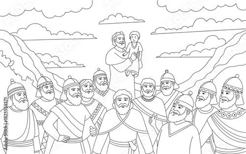 Line Art Illustration: A Group of Men with Beards and Hats in Ancient Robes, One Holding a Child, Set Against a Mountainous Backdrop.