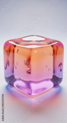 Translucent, multifaceted object displays a vibrant gradient of warm and cool colors against a muted background.