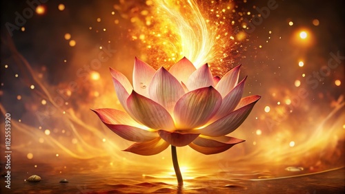 A Radiant Lotus Blossom Illuminated by Golden Light, Emerging from Serene Waters, Embellished with Sparkling Dust and Mystical Energy