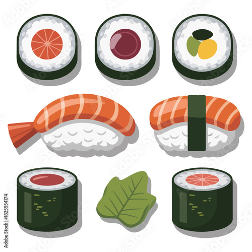 A top-down view of a set of six sushi pieces with fresh ingredients and a single leaf, set against a simple backdrop. Each piece showcases precise cuts and meticulous preparation