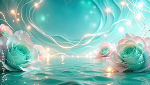 Serene Aqua Floral Scene with Illuminated Ribbons and Soft Pastel Roses Floating on a Reflective Surface
