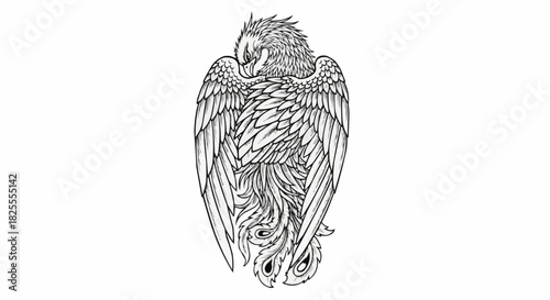 Intricate line art illustration of a mythical owl peacock hybrid bird.