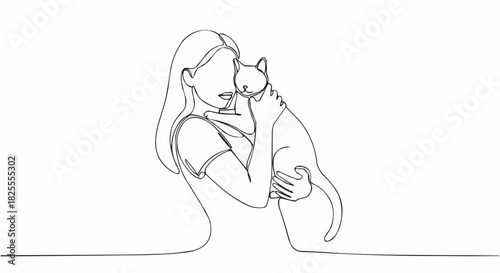 Continuous line drawing of a woman tenderly holding and embracing her beloved cat, showcasing a strong bond.