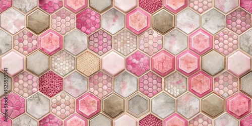 A Seamless Pattern of Pink and Beige Hexagonal Tiles with Varied Textures and Subtle Metallic Accents