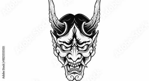 Intricate Japanese Hannya Mask Illustration with Horns and Fangs.