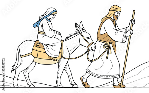 Journey to Bethlehem: Mary, Joseph, and Donkey Travel Scene in Black and White Cartoon Style, Traditional Nativity Art for Christmas Cards