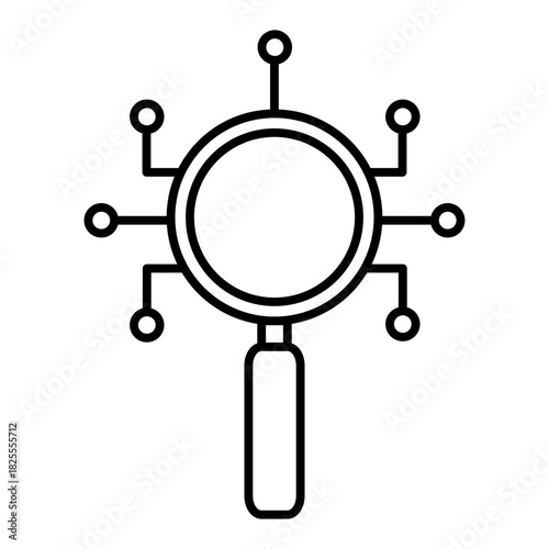 magnifying glass with neural network nodes line icon with editable stroke
