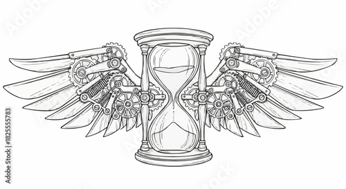 Detailed line drawing of an hourglass with mechanical steampunk wings.