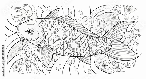 Detailed illustration of a single koi fish swimming gracefully.