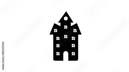 Black silhouette vector icon of a mysterious old mansion or spooky house with multiple windows on a white background, graphic resource