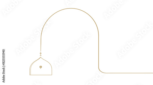 Elegant continuous line art drawing of an Islamic arch with a stylized mosque dome and minaret. Minimalist gold vector illustration for spiritual design.
