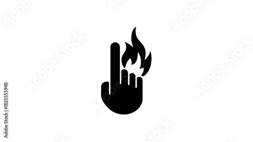 Burning Finger Icon. Hand with Flame on Fingertip Symbolizing Hot Touch, Danger, Warning, or Pain. Flat Black Graphic.